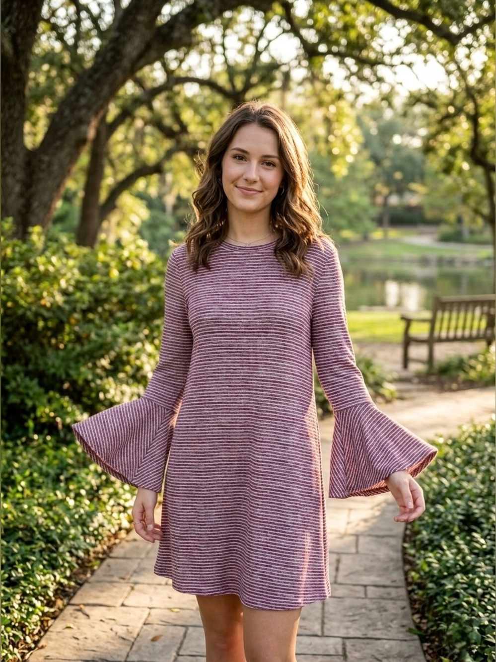 Speechless Burgundy Striped Hacci Knit Bell Sleeve Shift Mini Dress Large